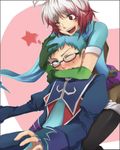  1girl bad_id bad_pixiv_id blue_eyes blue_hair blue_shirt glasses gradient_hair hubert_ozwell hug hug_from_behind multicolored_hair pascal red_eyes red_hair scarf shirt tales_of_(series) tales_of_graces two-tone_hair white_hair you_(kimito) 