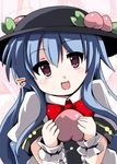  :d blue_hair fa_no_hito food fruit hat hinanawi_tenshi holding holding_food holding_fruit long_hair open_mouth peach red_eyes smile solo touhou 