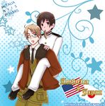  2boys america_(hetalia) axis_powers_hetalia black_hair blonde_hair blue_eyes brown_eyes glasses japan_(hetalia) male male_focus multiple_boys piggyback short_hair sushi wink 