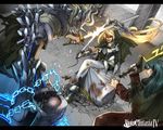  1girl aqua_hair armor battle blonde_hair chain glowing glowing_eyes huge_weapon long_hair magic pixiv_fantasia pixiv_fantasia_4 sword takayama_dan weapon 