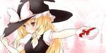  asterisk_(artist) blonde_hair blush box braid chocolate embarrassed gift giving hat hat_tug heart heart-shaped_box holding holding_gift kirisame_marisa long_hair outstretched_arm ribbon solo touhou valentine witch_hat yellow_eyes 