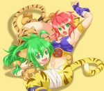  animal_ears animal_print atm_(samuraiedge) breath_of_fire breath_of_fire_ii capcom cham_cham crossover fang gloves green_eyes green_hair multiple_girls paw_gloves paw_shoes paws red_hair rinpoo_chuan samurai_spirits shoes snk tail tiger_ears tiger_paws tiger_print tiger_tail 