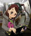 1girl brown_eyes brown_hair face fisheye foreshortening hands hat hood hood_down hoodie long_hair original poster_(object) record record_store shop solo 