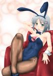  aizawa_sakuya animal_ears between_breasts box breasts bunny_ears bunnysuit chair covered_nipples crossed_legs easy_chair gift_between_breasts green_eyes hayate_no_gotoku! heart heart-shaped_box kesuida large_breasts legs pantyhose short_hair silver_hair sitting solo valentine 