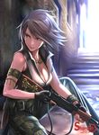  2015 black_gloves breasts cleavage dated earrings fingerless_gloves gloves grey_hair gun highres holding holding_gun holding_weapon jewelry medium_breasts one_knee original outdoors red_eyes rifle shamakho short_hair solo weapon 