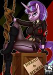  2019 absurd_res breasts clothed clothing crate empressbridle english_text equine female footwear friendship_is_magic gloves hair hi_res horn mammal my_little_pony nipple_bulge sitting solo staff starlight_glimmer_(mlp) text tight_clothing unicorn 