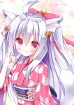  :3 \m/ ahoge animal_ears bell bow esureki fox_ears fox_tail hair_bow hair_ribbon highres japanese_clothes kimono long_hair looking_at_viewer original phantasy_star phantasy_star_online_2 red_eyes ribbon solo tail white_hair yukata 