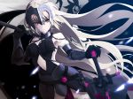  1girl armor armored_dress banner black_dress black_gloves breasts chains cleavage cowboy_shot dress dutch_angle elbow_gloves fate/grand_order fate_(series) floating_hair fur-trimmed_gloves fur_trim gloves hair_between_eyes hand_on_hip headpiece highres holding jeanne_d&#039;arc_(alter)_(fate) jeanne_d&#039;arc_(fate)_(all) long_hair medium_breasts midriff navel navel_cutout oriuo_q silver_hair sleeveless sleeveless_dress smile solo standing stomach sword very_long_hair weapon yellow_eyes 