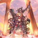  arao bazaraga blonde_hair draph granblue_fantasy highres looking_at_viewer polearm spear standing sunset thighhighs twintails weapon zeta_(granblue_fantasy) 