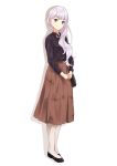  1girl bag black_footwear black_shirt blush brown_skirt casual emilia_(re:zero) full_body hair_over_shoulder handbag head_tilt hidaka_kouyou highres long_hair long_skirt long_sleeves looking_at_viewer pleated_skirt pointy_ears pumps purple_eyes re:zero_kara_hajimeru_isekai_seikatsu shado shirt silver_hair simple_background skirt smile solo standing very_long_hair white_background 