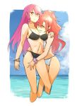  2girls aimitsu_(ibityuttyu) akuma_no_riddle bikini black_bikini blush bracelet breasts brown_eyes cleavage cloud cropped_legs drill_hair grin hair_between_eyes high_ponytail inukai_isuke jewelry long_hair looking_at_viewer medium_breasts multiple_girls navel ocean pink_hair purple_scrunchie red_hair sagae_haruki scrunchie smile standing swimsuit twin_drills very_long_hair white_bikini wrist_scrunchie yuri 