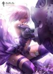  1girl armor armored_dress bangs bare_shoulders boots breasts closed_mouth commentary elbow_gloves english_commentary fate/grand_order fate_(series) faulds gloves hair_over_one_eye high_heel_boots high_heels holding_shield large_breasts lavender_hair looking_at_viewer mash_kyrielight navel navel_cutout purple_eyes purple_footwear purple_hair rachta_lin shield short_hair smile squatting thigh_strap thighhighs thighs 