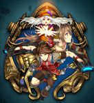  2girls absurdres ar_nosurge blue_eyes brown_eyes brown_hair brown_pants cabbie_hat casty_rianoit collarbone delta_lantanoir dual_wielding grey_hair hair_between_eyes hat highres holding holding_weapon hood hooded_jacket ionasal_kkll_preciel jacket light long_hair looking_at_viewer multiple_girls ntny official_art open_mouth outstretched_arms pants parted_lips red_eyes short_hair surge_concerto unzipped weapon wristband zipper 