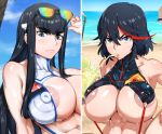  2girls areola_slip areolae bangs bare_shoulders beach blue_eyes breasts cloud eyewear_on_head food huge_breasts image_sample junketsu kill_la_kill kiryuuin_satsuki kunaboto large_nipples long_hair matoi_ryuuko multicolored_hair multiple_girls nipples outdoors pixiv_sample senketsu short_hair siblings sisters sky streaked_hair sweat swimsuit toned two-tone_hair white_swimsuit 