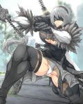 1girl android black_dress blindfold boots breasts dress feather-trimmed_sleeves hairband high_heel_boots high_heels jin-jin large_breasts muscle muscular_female nier_(series) nier_automata puffy_sleeves short_hair silver_hair solo sword thick_thighs thigh_boots thighhighs thighs weapon yorha_no._2_type_b 