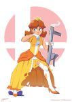  1girl angry blood blue_eyes brown_hair crown dress earrings feet_on_hat female flower_earrings frilled_dress frills gem gloves gun hand_on_cheek hat high_heels jewelry legs mario_(series) nintendo princess_daisy puffy_short_sleeves puffy_sleeves short_hair short_sleeves smoke solo standing stockings super_mario_land super_smash_bros. thighhighs tomboy torn_clothes torn_dress waluigi weapon white_gloves yellow_dress 