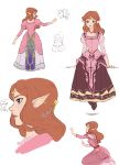  1girl blue_eyes brown_hair dress earrings female hand_up jewelry lips long_hair long_sleeves nintendo pink_dress pointy_ears princess princess_zelda red_hair solo the_legend_of_zelda tiara triforce zelda_ii:_the_adventure_of_link 