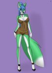  anklet aventis aventis_vixxx blue_hair bracelet breasts brown_eyes canid canine chain clothed clothing female footwear fox fur green_fur hair high_heels jewelry mammal navel necklace pentagram shoes simple_background smile solo underwear 
