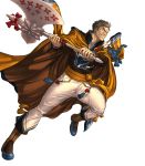  1boy alternate_costume axe boots bow brown_eyes brown_hair cape feathers fire_emblem fire_emblem:_akatsuki_no_megami fire_emblem:_souen_no_kiseki fire_emblem_heroes flower full_body greil highres izuka_daisuke male_focus nintendo scar solo teeth transparent_background 