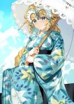  1girl akae_neo bangs blonde_hair blue_eyes blue_kimono blue_sky blush braid breasts closed_mouth cloud commentary_request day eyebrows_visible_through_hair fate/grand_order fate_(series) floral_print headpiece highres holding holding_umbrella japanese_clothes jeanne_d&#039;arc_(fate) jeanne_d&#039;arc_(fate)_(all) kimono long_hair long_sleeves looking_at_viewer medium_breasts obi outdoors print_kimono sash single_braid sitting sky sleeves_past_wrists smile solo umbrella very_long_hair white_umbrella wide_sleeves 