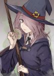  1girl hair_over_one_eye half-closed_eyes hat highres hiranko holding holding_staff little_witch_academia long_hair mushroom pink_hair robe solo staff sucy_manbavaran witch_hat 