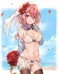  1girl :q absurdres bangs bare_shoulders blue_cardigan blue_eyes blue_sky blush bouquet bra brown_legwear closed_mouth cloud cloudy_sky commentary_request cowboy_shot flower frilled_panties frills garter_straps go-toubun_no_hanayome groin hair_between_eyes hair_flower hair_ornament hand_up headphones headphones_around_neck highres holding holding_bouquet lace lace-trimmed_bra lace-trimmed_panties leg_garter long_hair long_sleeves looking_at_viewer luminous nakano_miku navel off_shoulder panties petals pink_hair red_flower rose sidelocks sky sleeves_past_wrists smile solo standing stomach thighhighs tongue tongue_out underwear veil white_bra white_panties 