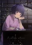  2015 absurdres artist_name bandaged_fingers bandages blush book closed_mouth copyright_name desk english eromanga_sensei from_side highres holding holding_pencil japanese_clothes kanzaki_hiro kimono lamp lens_flare number official_art pencil purple_eyes purple_hair purple_kimono scan senju_muramasa short_hair solo sparkle text_focus watermark wavy_mouth yukata 