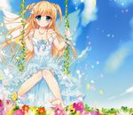  absurdres ameto_yuki artist_name blonde_hair blue_eyes blue_ribbon breasts cleavage day dress flower frilled_dress frills hair_ribbon highres jewelry long_hair looking_at_viewer necklace original ribbon sky small_breasts smile solo white_dress wings 