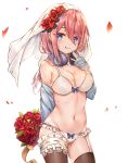  1girl :q absurdres bangs bare_shoulders blue_cardigan blue_eyes blush bouquet bra brown_legwear closed_mouth cowboy_shot flower frilled_panties frills garter_straps go-toubun_no_hanayome groin hair_between_eyes hair_flower hair_ornament hand_up headphones headphones_around_neck highres holding holding_bouquet lace lace-trimmed_bra lace-trimmed_panties leg_garter long_hair long_sleeves looking_at_viewer luminous nakano_miku navel off_shoulder panties petals pink_hair red_flower rose sidelocks simple_background sleeves_past_wrists smile solo standing stomach thighhighs tongue tongue_out underwear veil white_background white_bra white_panties 