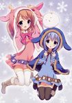  absurdres animal_ears arms_up black_legwear blue_dress blue_eyes blue_hair braid brown_hair bunny bunny_ears chitosezaka_suzu dress gochuumon_wa_usagi_desu_ka? highres hood hoto_cocoa kafuu_chino multiple_girls open_mouth pink_dress purple_eyes short_hair short_hair_with_long_locks sidelocks thighhighs tippy_(gochiusa) twin_braids white_legwear 