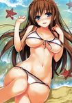  absurdres bangs bikini blue_eyes blush braid breasts brown_hair crown_braid eyebrows_visible_through_hair highres large_breasts long_hair looking_at_viewer lying navel open_mouth original sand scan shiny smile solo swimsuit tomose_shunsaku water 