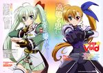  absurdres ahoge blonde_hair blue_eyes bodysuit clenched_hand copyright_name einhart_stratos fighting_stance fingerless_gloves frown gloves green_eyes green_hair hair_ribbon heterochromia highres jacket long_hair lyrical_nanoha magical_girl mahou_shoujo_lyrical_nanoha_vivid morishima_noriko multiple_girls official_art purple_eyes red_eyes ribbon side_ponytail skirt smile thighhighs translation_request twintails very_long_hair vivio 