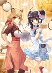  ahoge animal_ears apron bad_id bad_pixiv_id bamboo_steamer baozi black_hair blonde_hair blush bow braid cooking dim_sum double_bun flower food hair_bow hair_ornament ladle multiple_girls original ponytail purple_eyes tongue yashiro_seika 