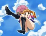  boots brown_hair bug butterfly cloud day denim denim_shorts drill_hair flying from_below hajime_(caramel_toone) insect knee_boots looking_down my_melody onegai_my_melody short_shorts shorts sky smile solo twintails umbrella yumeno_uta 