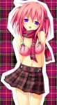  2-g arms_behind_back bare_shoulders breasts buttons cleavage copyright_request half-closed_eyes head_tilt large_breasts midriff navel pink_hair plaid plaid_background plaid_scarf plaid_skirt pleated_skirt purple_eyes scarf short_hair skirt solo 