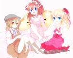  bad_id bad_pixiv_id blonde_hair blue_eyes brown_hair dress flower hair_ornament hat highres multiple_girls pantyhose ponytail shannon shromann socks umineko_no_naku_koro_ni ushiromiya_jessica ushiromiya_maria yellow_eyes 