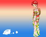  2007 animal blush boar chinese_zodiac clog_sandals embarrassed fujisaki_mana furisode hajime_(caramel_toone) japanese_clothes kimono new_year obi onegai_my_melody rainbow_background red_hair sash short_hair solo standing year_of_the_pig zouri 