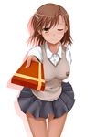  brown_eyes brown_hair foreshortening gift holding holding_gift incoming_gift merusen@aki misaka_mikoto one_eye_closed school_uniform short_hair solo sweater_vest to_aru_kagaku_no_railgun to_aru_majutsu_no_index valentine 