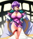  angel_links belt bob_cut breasts cleavage cleavage_cutout dress earrings elbow_gloves fingerless_gloves gloves hands_on_hips jewelry large_breasts legs li_meifon looking_at_viewer naughty_face nekomamire purple_hair red_eyes short_hair shoulder_pads side_slit smile solo thigh_gap thigh_strap thighs 