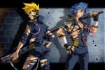  ass blonde_hair blue_hair fingerless_gloves gloves gun kamina kittan matsukaze_yukiji multiple_boys muscle sword tengen_toppa_gurren_lagann torn_clothes weapon 