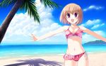  bad_id bad_pixiv_id beach bikini blush breasts brown_hair cleavage cloud day floral_print frilled_bikini frills happy navel open_mouth original outdoors outstretched_arms palm_tree purple_eyes shadow short_hair side-tie_bikini sky small_breasts smile solo spread_arms swimsuit tree wallpaper water yamakaze_ran 