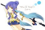  blue_hair character_name copyright_name judith long_hair midriff mizuse_kotone pointy_ears ponytail pout red_eyes solo tales_of_(series) tales_of_vesperia weapon white_background 