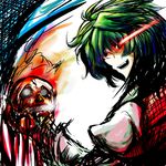  fire green_hair kazami_yuuka light_trail madara_hato plaid plaid_vest profile red_eyes short_hair sideways_mouth skull solo touhou vest 