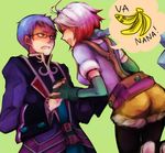  1girl 9wa bad_id bad_pixiv_id banana blue_hair blue_shirt engrish food fruit glasses gradient_hair green_background hubert_ozwell multicolored_hair pascal ranguage red_hair shirt spoken_food tales_of_(series) tales_of_graces two-tone_hair white_hair 