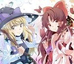  bad_id bad_pixiv_id blonde_hair blush bow branch brown_eyes brown_hair bug butterfly detached_sleeves flower hair_bow hakurei_reimu hat insect kirisame_marisa long_hair multiple_girls smile staff star touhou turtleneck witch_hat yellow_eyes yuuyuu_(yuko) 