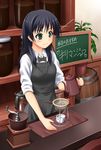  apron barista barrel beans black_hair coffee cup green_eyes highres long_hair md5_mismatch nicci saten_ruiko solo to_aru_kagaku_no_railgun to_aru_majutsu_no_index translated 