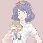  ao_usagi blonde_hair dokonjou_gaeru eyes hair_ornament hairband hat leaf_hair_ornament living_clothes moriya_suwako parody purple_hair red_eyes shirt short_hair solo touhou yasaka_kanako yellow_eyes 