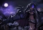  belt bikini_top black_hair black_rock_shooter blue_eyes burning_eye coat flat_chest full_moon glowing glowing_eye highres huge_weapon ino_satsu insane_black_rock_shooter long_hair loose_belt midriff moon navel night shorts solo star twintails very_long_hair weapon 