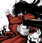  action alucard_(hellsing) gloves gun hands hellsing lowres male_focus monochrome oekaki perspective red simple_background solid&amp;etc solo spot_color weapon white_background white_gloves 