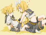  1girl bad_id bad_pixiv_id blonde_hair blue_eyes blush brother_and_sister detached_sleeves hair_ornament hair_ribbon hairclip headphones heart incest kagamine_len kagamine_rin necktie ribbon siblings straddling twincest twins vocaloid yaichi_(reverie) yellow_neckwear 